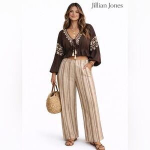 Jillian Jones 100% Linen Wide Leg Size 12 NWT 30” Inseam Stripe Summer boho